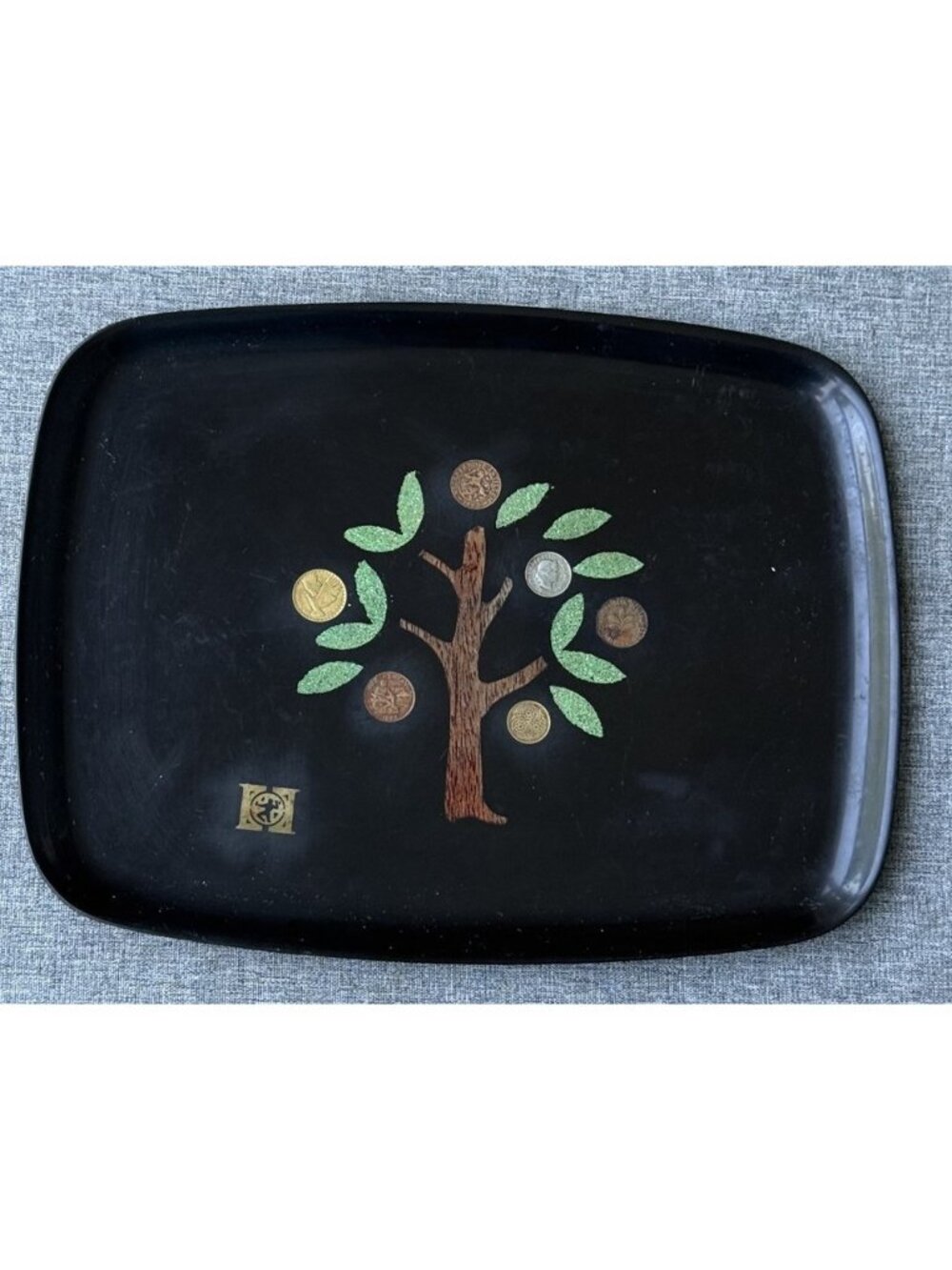 Vintage Couroc of Monterey Black Serving Tray Tree Leaves With Old Coins 9X12